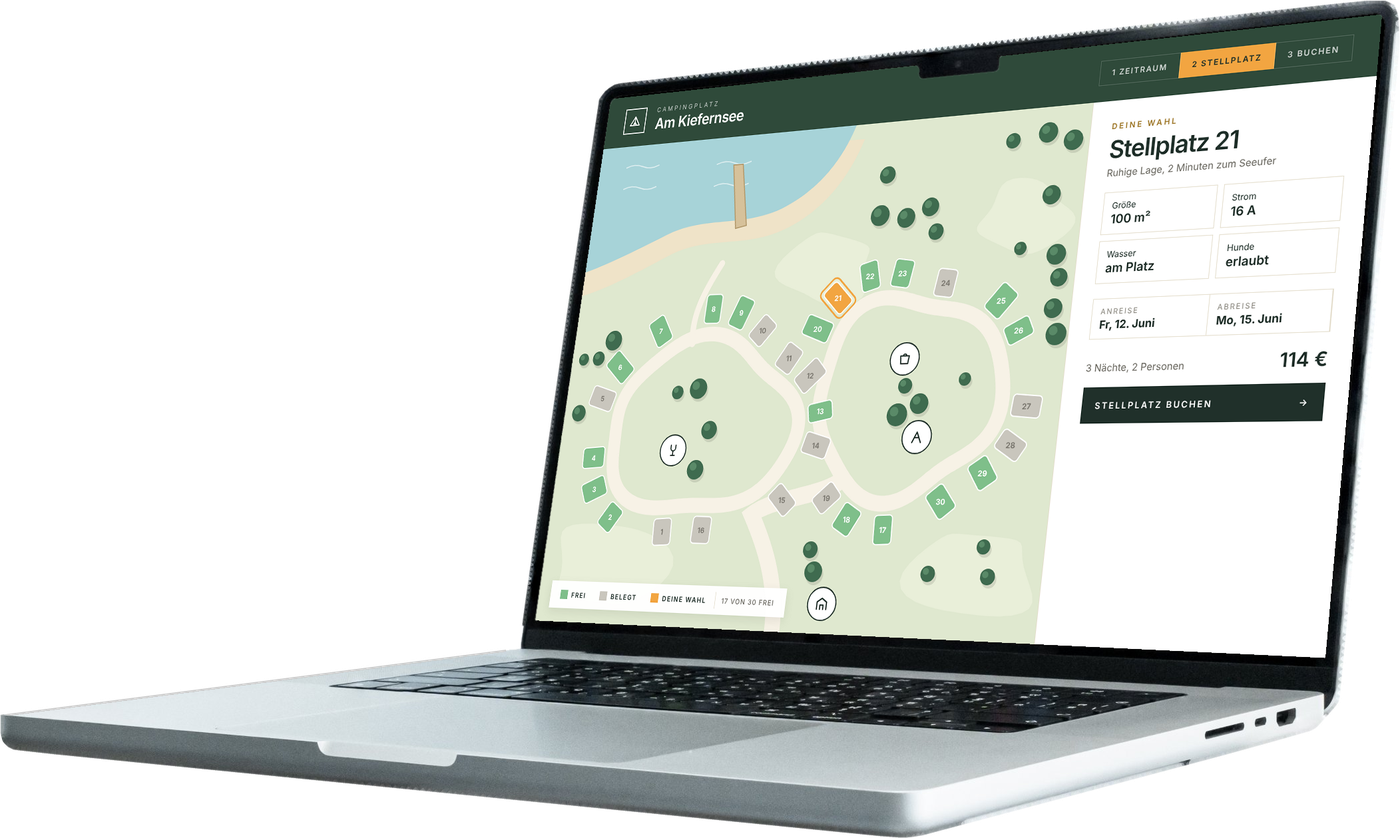 Laptop mit interaktivem Stellplatzplan für einen Campingplatz mit Buchung
