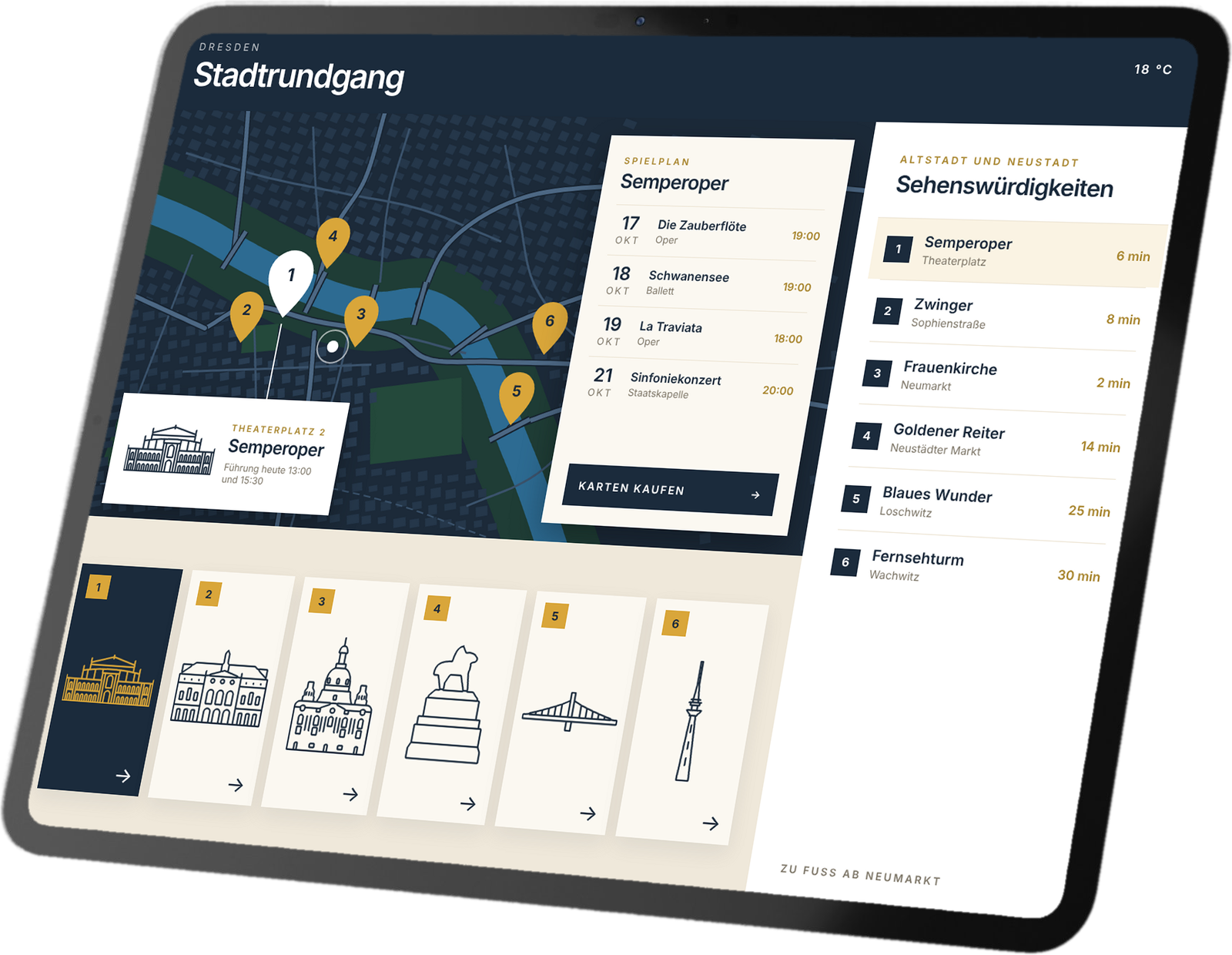 Tablet mit interaktiver Stadtkarte für Dresden