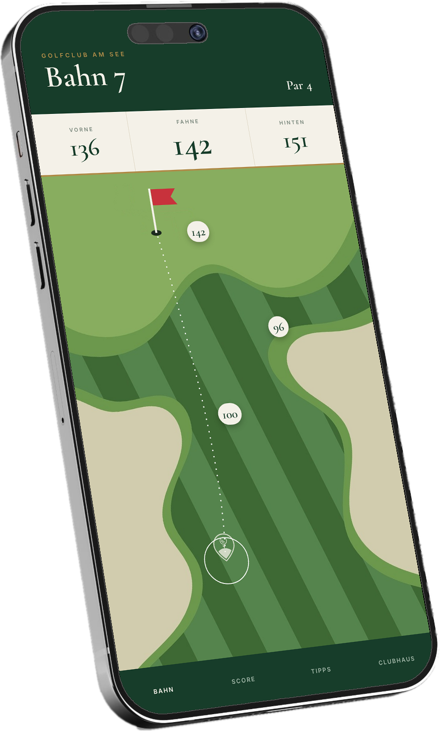 Smartphone mit interaktiver Karte einer Golfbahn