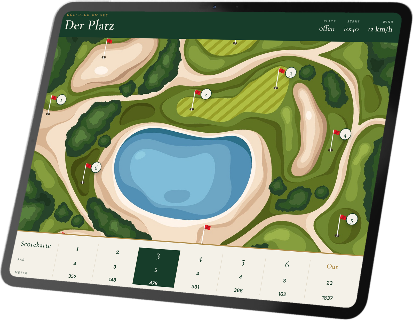Tablet mit interaktiver Golfplatz-Karte