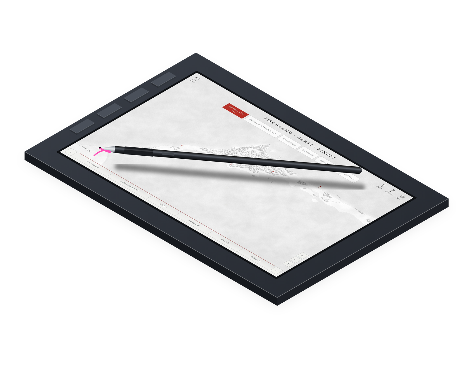 Grafiktablett mit Stift, darauf eine digital gezeichnete Karte