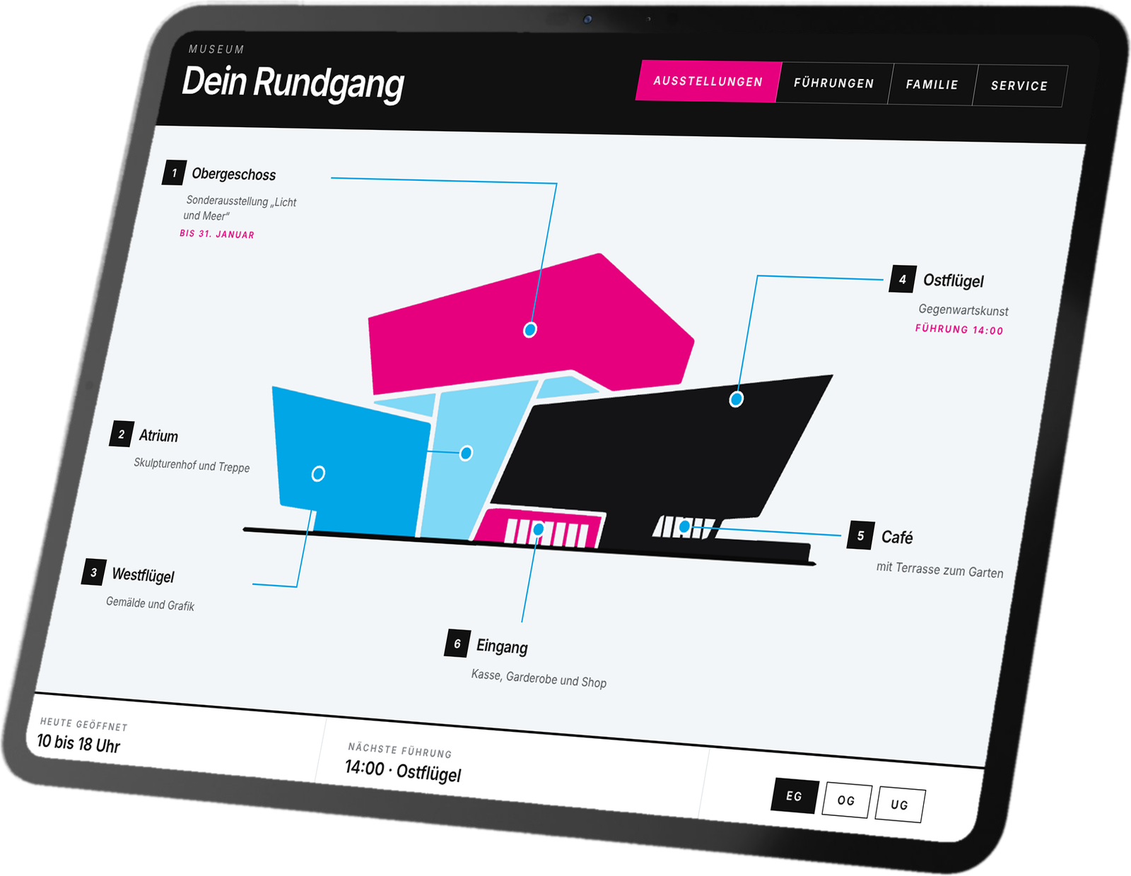 Tablet mit interaktivem Museumsrundgang: Obergeschoss, Atrium, Westflügel, Ostflügel, Café und Eingang