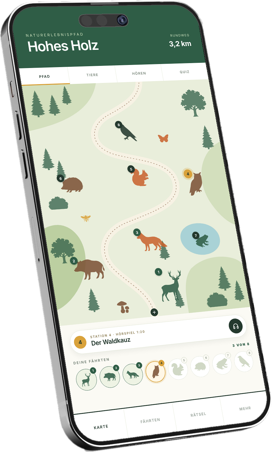 Smartphone mit interaktivem Naturerlebnispfad, Tierstationen und Hörspiel