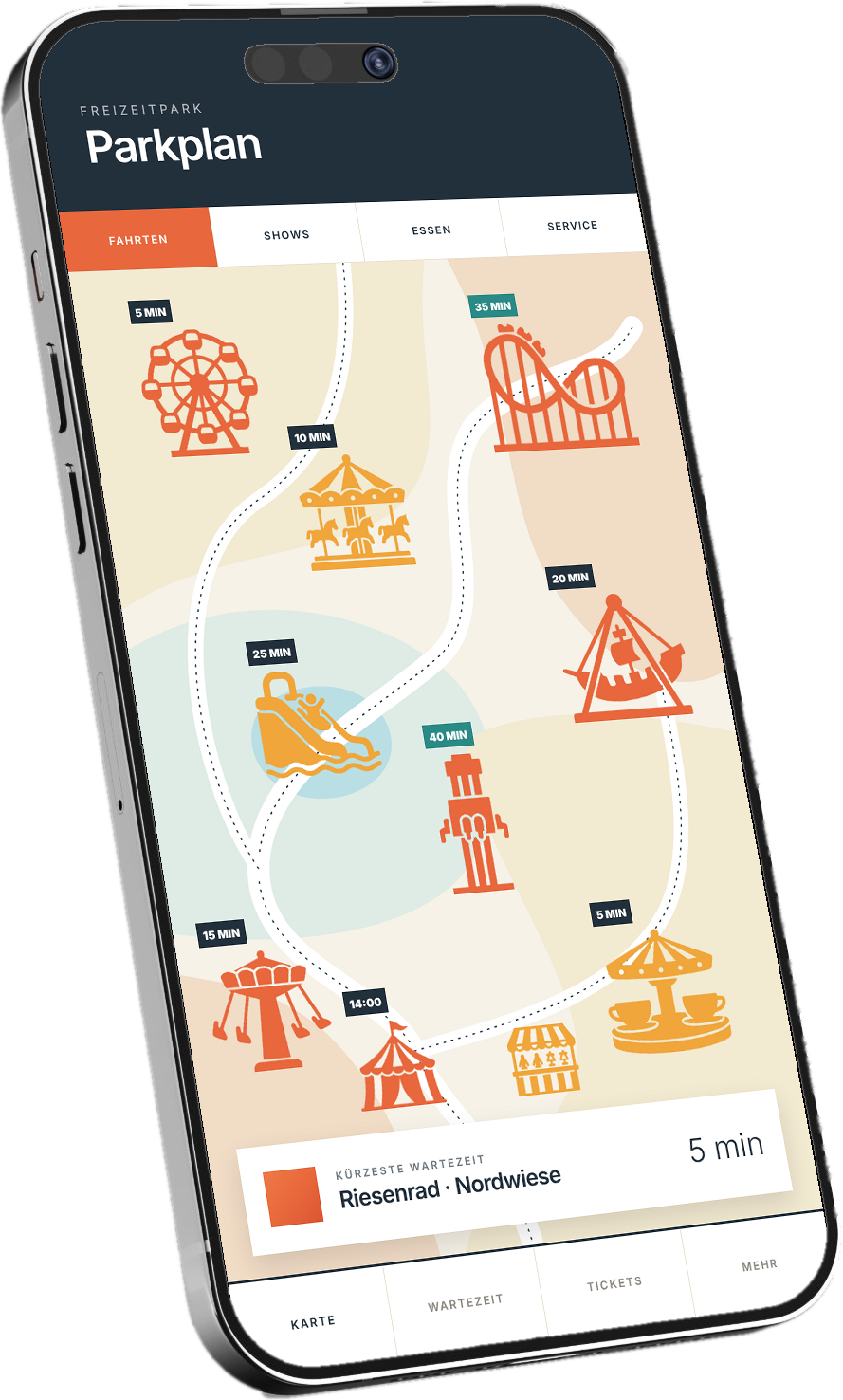 Smartphone mit interaktivem Parkplan eines Freizeitparks und Wartezeiten
