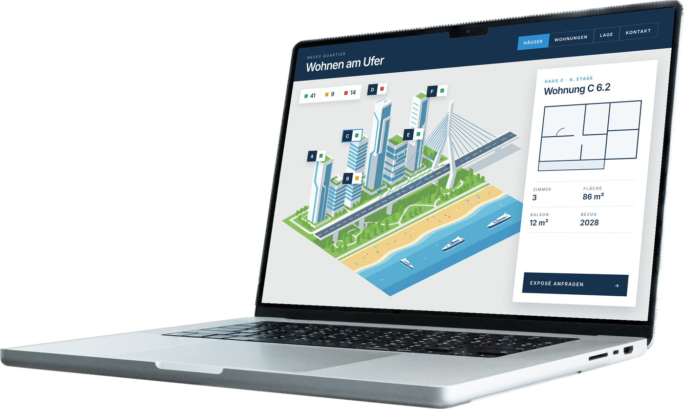 Laptop mit interaktivem Quartiersplan für Projektentwickler