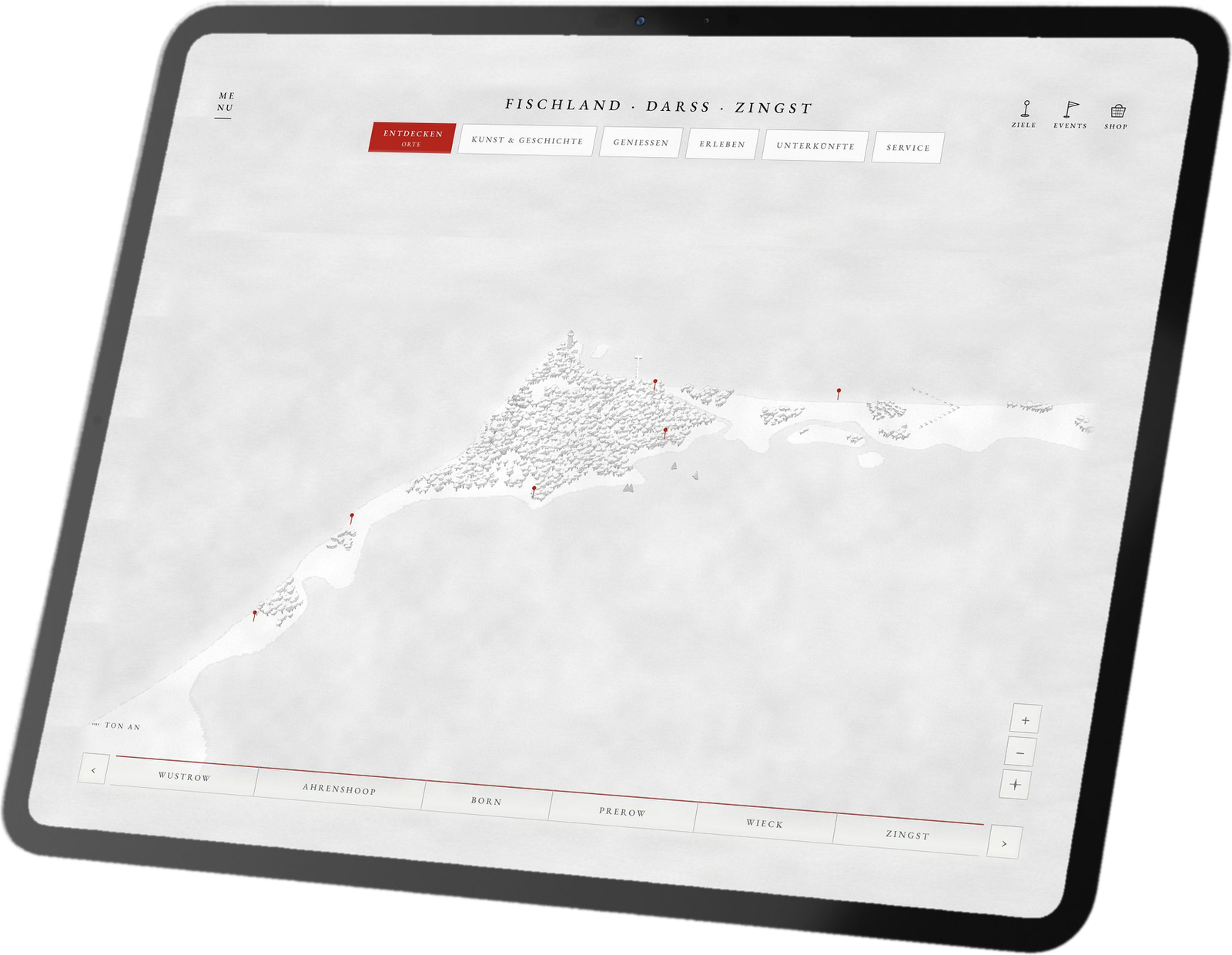 Tablet mit zweidimensionaler interaktiver Karte Fischland · Darß · Zingst