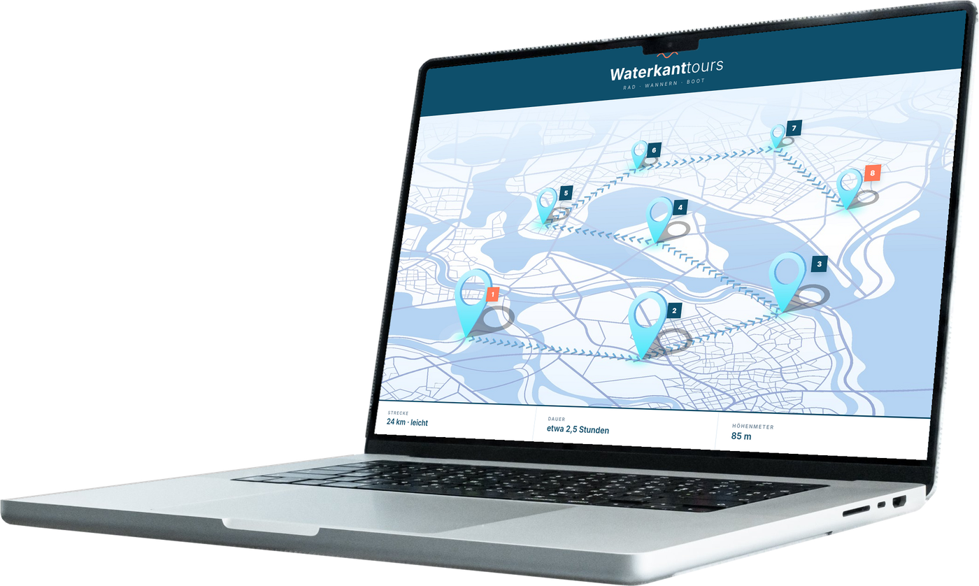 Laptop mit interaktivem Routenplaner für eine Radtour