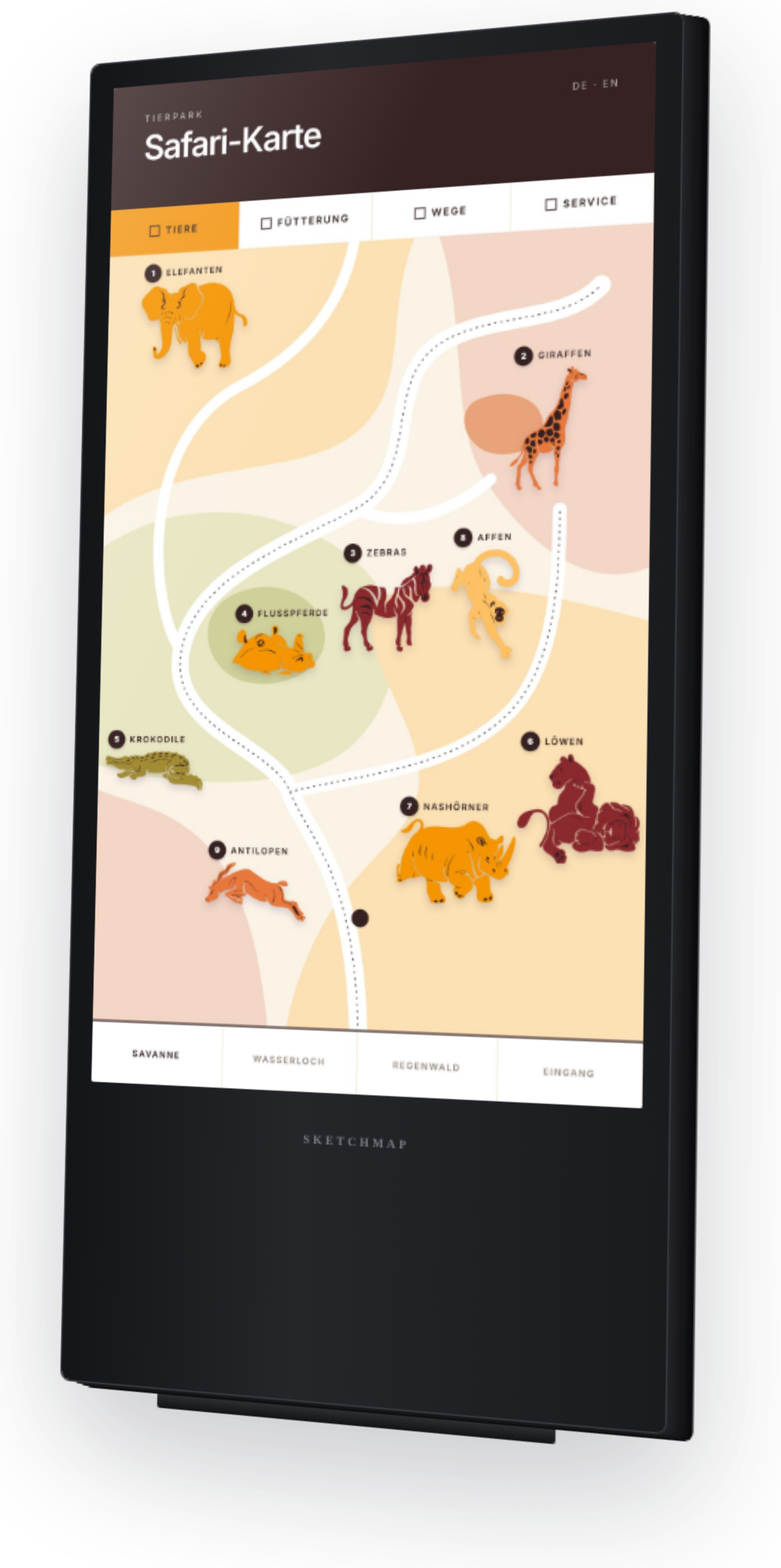 Digitale Stele mit interaktiver Safarikarte für einen Tierpark